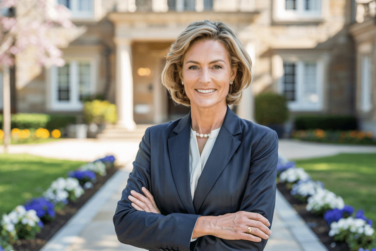 real estate agent standing in front of a luxury mansion