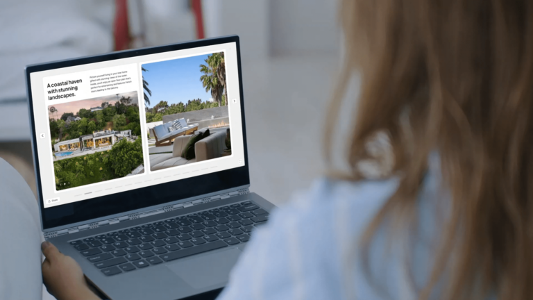 Woman viewing a real estate storytelling storybook on laptop